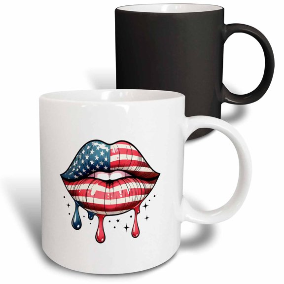 3drose, the Usa Flag Decorated Lips, Dripping Red, Blue Paint. Artsy Gift, 11oz Magic Transforming Mug