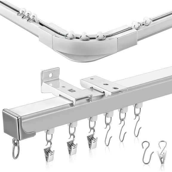 3ft-13ft / 4 Meter Curtain Track Set with 90 °   Corner Bend Adjustable Aluminum Ceiling & Wall Mount Curtain Rail, L-shaped Divider Track for Living Room Bedroom with Roller Clips Hooks