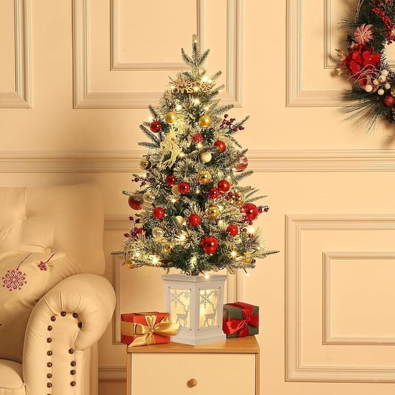 3ft 2-Pack Pre-Lit Christmas Trees, 78 Warm LEDs Elk Pattern Planter Holiday Decor