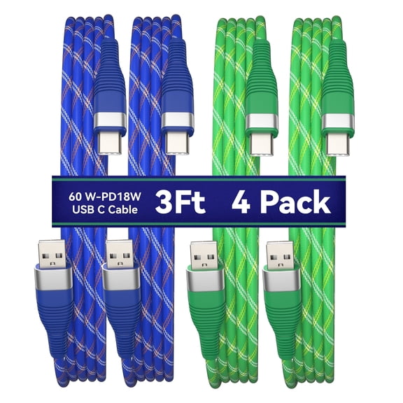 Wellooch 3ft 60W USB-C to USB-C Cable, 4-Pack (2 Blue & 2 Green) - Tangle-Free Braided Fast Charger Cord