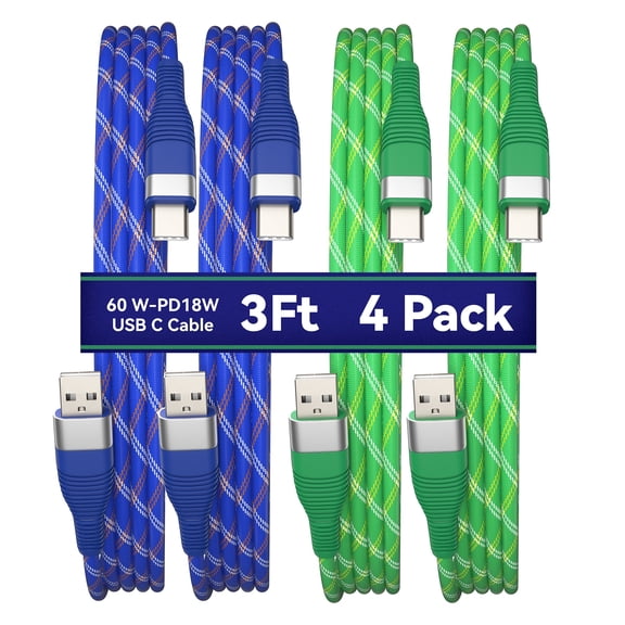 3ft 4 Pack USB-C Braided Charging Cable, 60W Fast Charging for iPhone 15/16/17, Samsung Galaxy S24/S25, MacBook, Chromebook, and USB-C Devices ,2 Blue + 2 Green