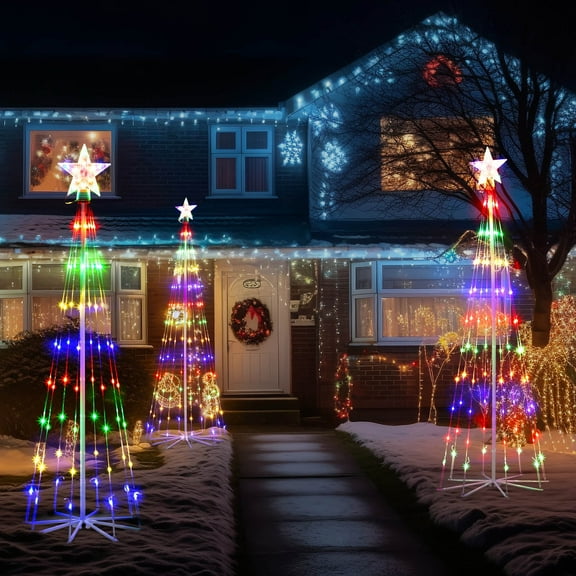 3ft 4ft 5ft LED Outdoor Christmas Tree Lights, Multicolor Light Show Cone Decor with Star Topper, 8 Modes Waterproof Xmas Decorations for Yard Porch Patio