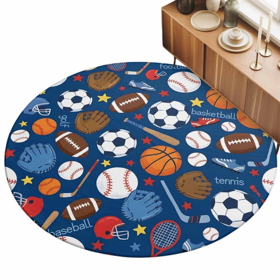3ft Area Rug,Basketball Baseball Football Washable Large Rugs Soft Non-Slip Floor Rug Energetic Sports Theme on Blue Non-Shedding Indoor Carpets for Living Room Bedroom Home Office Nursery