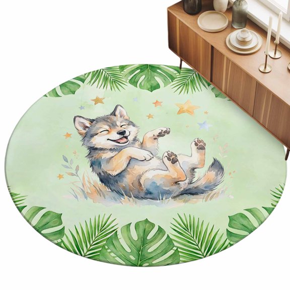 3ft Area Rug,Cartoon Animal Little Wolves Washable Large Rugs Soft Non-Slip Floor Rug Tropical Plants Leaves Non-Shedding Indoor Carpets for Living Room Bedroom Home Office Nursery