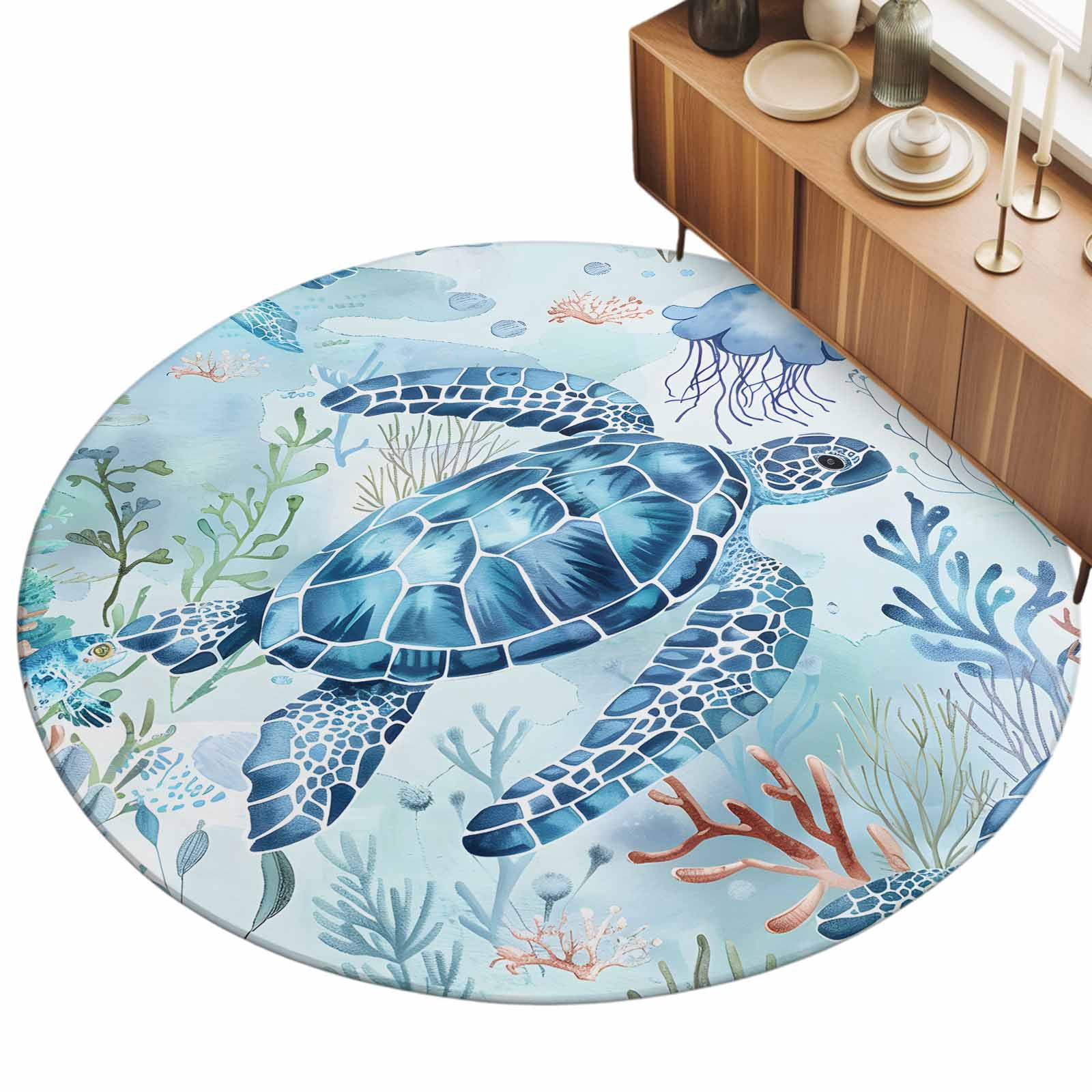 3ft Area Rug,Cartoon Sea Turtle Blue Coral Jellyfish Washable Large ...