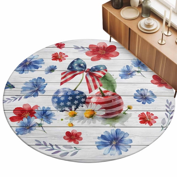 3ft Area Rug,Independence Day Cherries Washable Large Rugs Soft Non-Slip Floor Rug Red Blue Flowers on Wood Non-Shedding Indoor Carpets for Living Room Bedroom Home Office Nursery