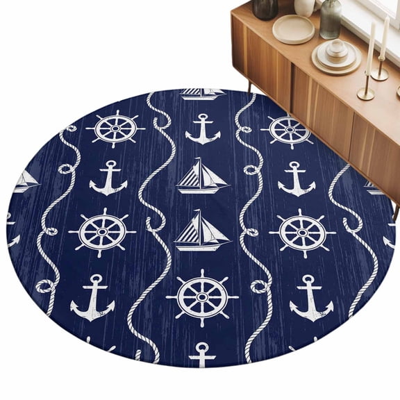 3ft Area Rug,Nautical Anchor Sailboat Washable Large Rugs Soft Non-Slip Floor Rug Deep Navy Blue Background Non-Shedding Indoor Carpets for Living Room Bedroom Home Office Nursery