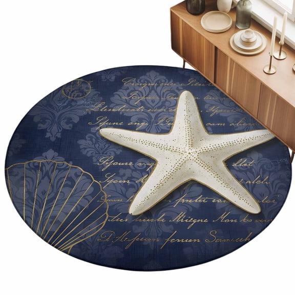 3ft Area Rug,Nautical Retro Starfish Shells Washable Large Rugs Soft Non-Slip Floor Rug Deep Blue Ocean Non-Shedding Indoor Carpets for Living Room Bedroom Home Office Nursery