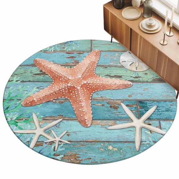 3ft Area Rug,Orange Starfish Summer Ocean Washable Large Rugs Soft Non-Slip Floor Rug Farmhouse Retro Plank Non-Shedding Indoor Carpets for Living Room Bedroom Home Office Nursery