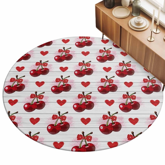 3ft Area Rug,Red Cherry Love Heart Washable Large Rugs Soft Non-Slip Floor Rug Watercolor Fruit Rustic Wood Plank Non-Shedding Indoor Carpets for Living Room Bedroom Home Office Nursery