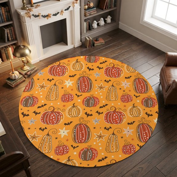 3ft Area Rug,Round Area Rugs,Watercolor Halloween Polka Dots Pumpkin Bat Washable Low Pile Rug Non-Slip Indoor Carpet Orange Floor Rugs for Bedroom Living Room Kitchen Decor