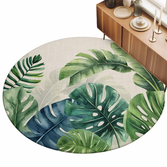 3ft Area Rug,Summer Abstract Tropical Leaf Washable Large Rugs Soft Non-Slip Floor Rug Leaves on Linen Texture Non-Shedding Indoor Carpets for Living Room Bedroom Home Office Nursery