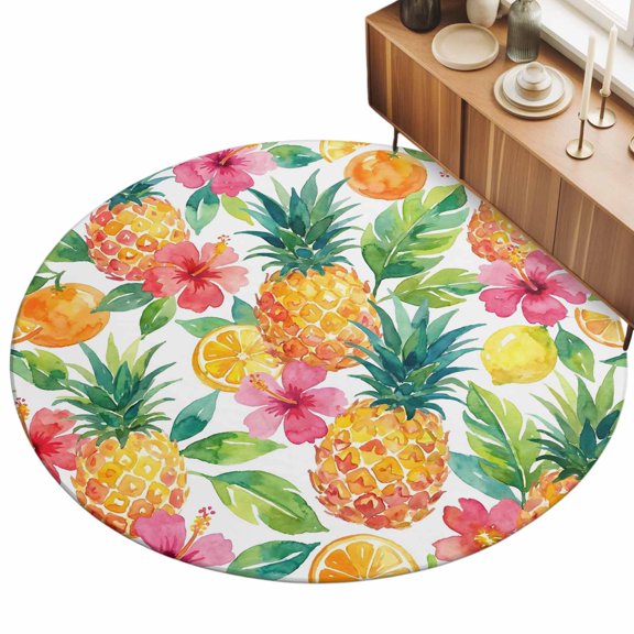 3ft Area Rug,Summer Pineapple Oranges Lemon Pink Flower Washable Large Rugs Soft Non-Slip Floor Rug Green Leaves Non-Shedding Indoor Carpets for Living Room Bedroom Home Office Nursery