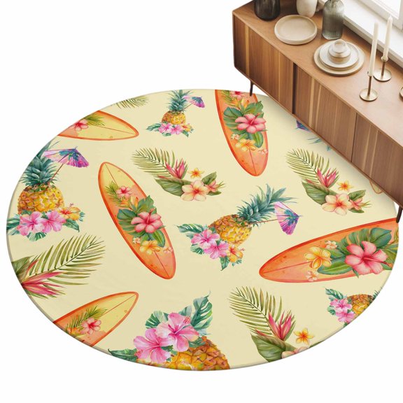 3ft Area Rug,Summer Tropical Surfboard Washable Large Rugs Soft Non-Slip Floor Rug Pineapple Pink Flowers Non-Shedding Indoor Carpets for Living Room Bedroom Home Office Nursery