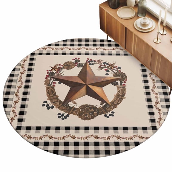 3ft Area Rug,Vintage Metal Brown Star Berry Wreath Washable Large Rugs Soft Non-Slip Floor Rug Farm Retro Buffalo Plaid Non-Shedding Indoor Carpets for Living Room Bedroom Home Office Nursery