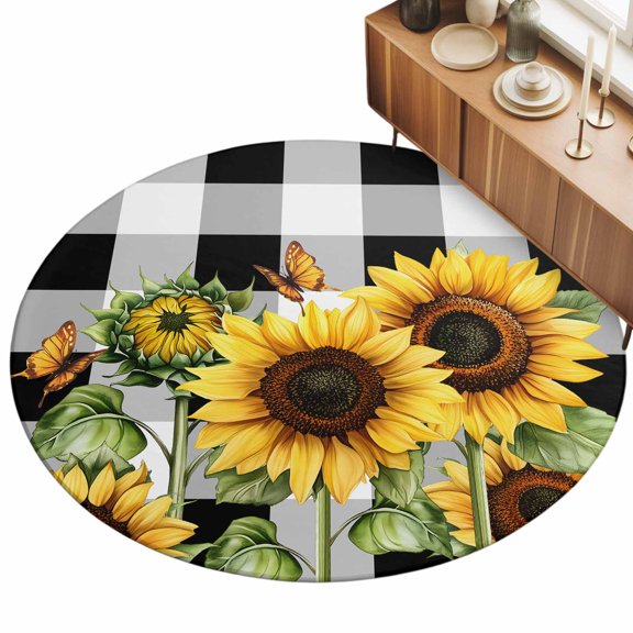 3ft Area Rug,Watercolor Sunflower Bee Green Leaves Washable Large Rugs Soft Non-Slip Floor Rug Black White Checker Non-Shedding Indoor Carpets for Living Room Bedroom Home Office Nursery