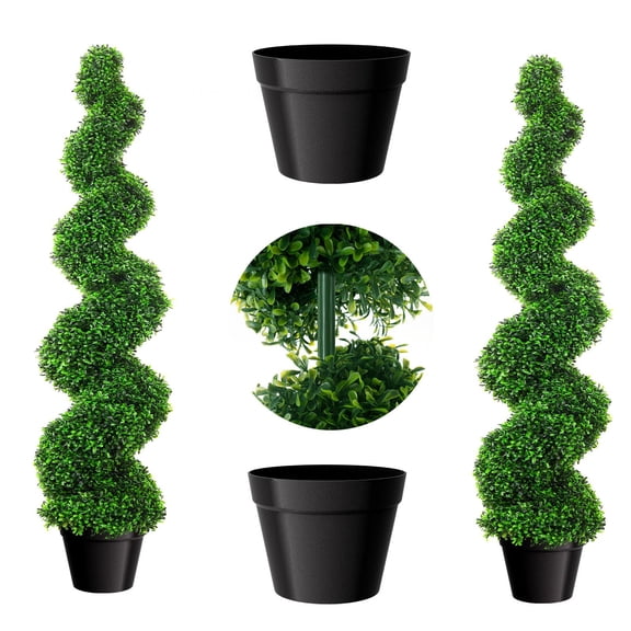 3ft Artificial Boxwood Spiral Topiary Trees Set of 2, Fade-resistant PE Material with Anti-rust Frame, No Watering No Pruning for Porch Patio Entryway