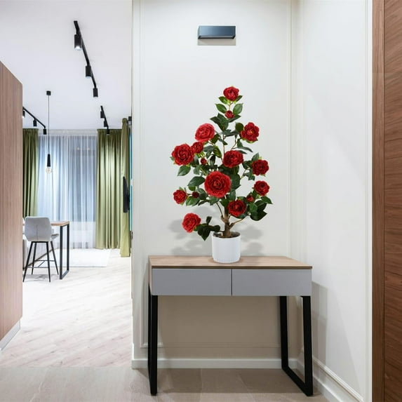 3ft Artificial Camellia Tree with White Pot, Realistic Red Faux Silk Plant for Indoor Outdoor Home Decor