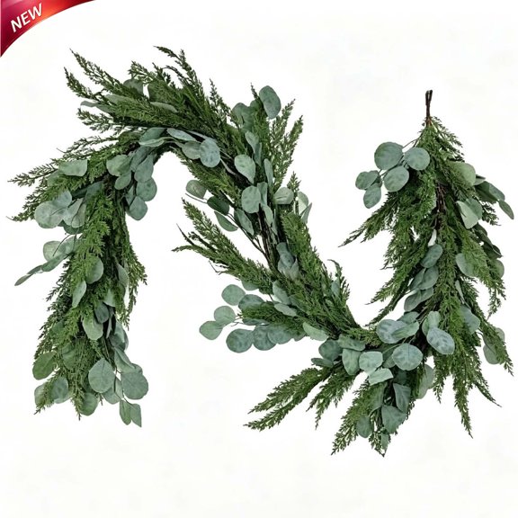3ft Artificial Cedar Eucalyptus Garland Vine, Faux Silver Dollar Eucalyptus Greenery, Flexible Winter Green Branches for Indoor Outdoor Mantel Stair Railing, Holiday Decor,Christmas Decorations