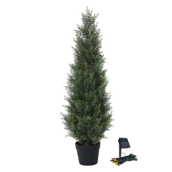 3ft Artificial Cedar Topiary Trees for Outdoors, Fake Cypress Plants with Solar Light String, Faux uv resistant Plants for Home Front Porch Decor, Housewarming Gift