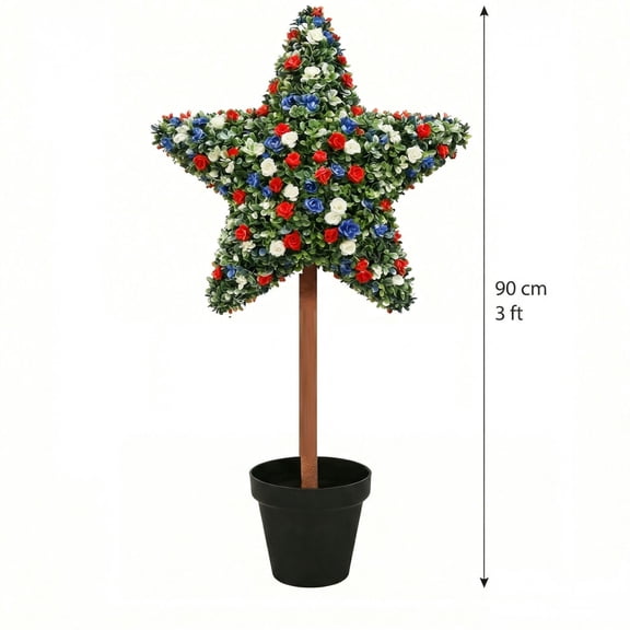 3ft Artificial Five-Pointed Star Shaped Topiary Trees, Artificial Green Boxwood Decorations, Independence Day, Patriotic Potted Plant Decoration, Table or Porch, Festive 4th of July Decor A
