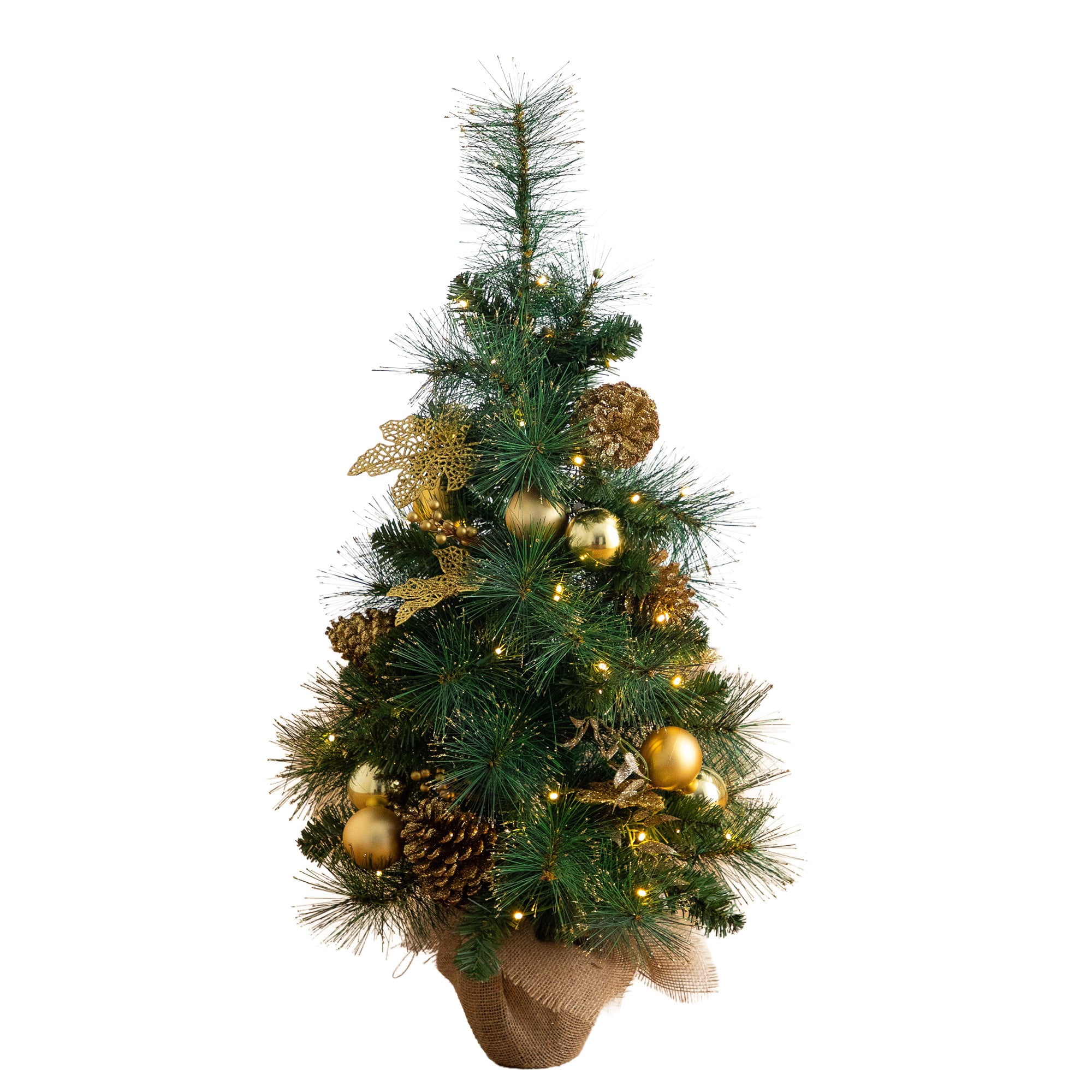 3ft. Artificial Pre-Lit Christmas Tree with Gold Ornaments & Pinecones and 50 LED Lights in Jute Wrapped Base