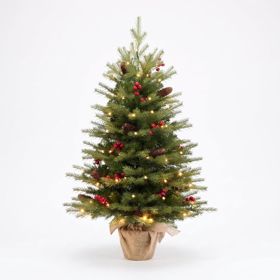 3ft Artificial Small Christmas Tree with 70 Warm White Lights, Mini Tabletop Christmas Tree, Battery Operated 100 PE & PVC Mixed Thick Branches Pinecones Red Berries Burlap Base Xmas Desk, Home Decor