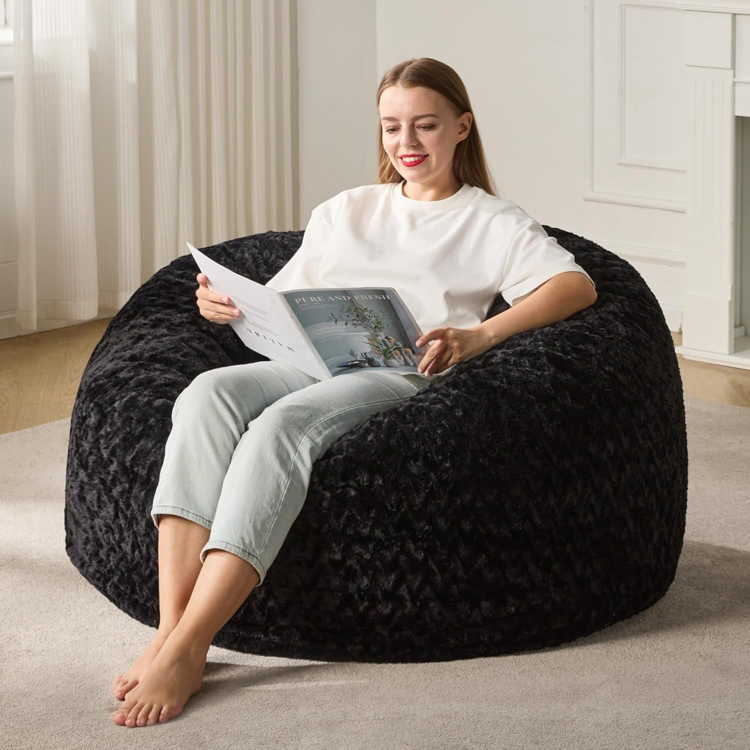 3ft Bean Bag Chairs for Adults Large Beanbag Chair with Chevron Plush Fur Cover Big Bean Bag Chair for Living Room Bedroom Dorm Office - Black (36” x 36” x 22”)