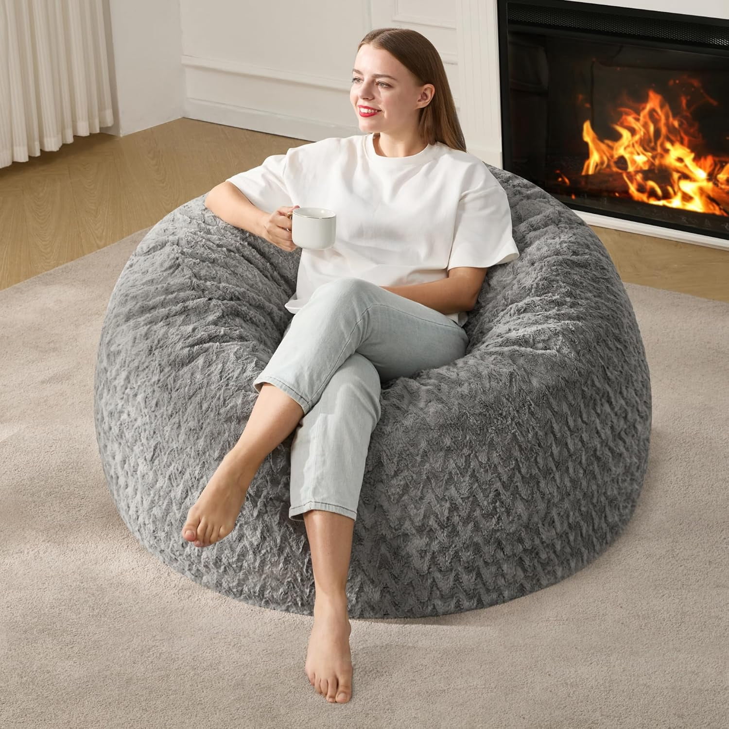 3ft Bean Bag Chairs for Adults Large Beanbag Chair with Chevron Plush Fur Cover Big Bean Bag Chair for Living Room Bedroom Dorm Office - Grey (36” x 36” x 22”)