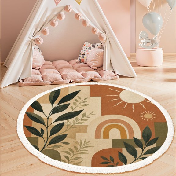 3ft Boho Round Area Rug for Living Room, Abstract Artwork Sun Rainbow Greenery Earthy Tones Washable Nursery Rug for Playroom Non-Slip Circluar Carpet for Classroom Dorm