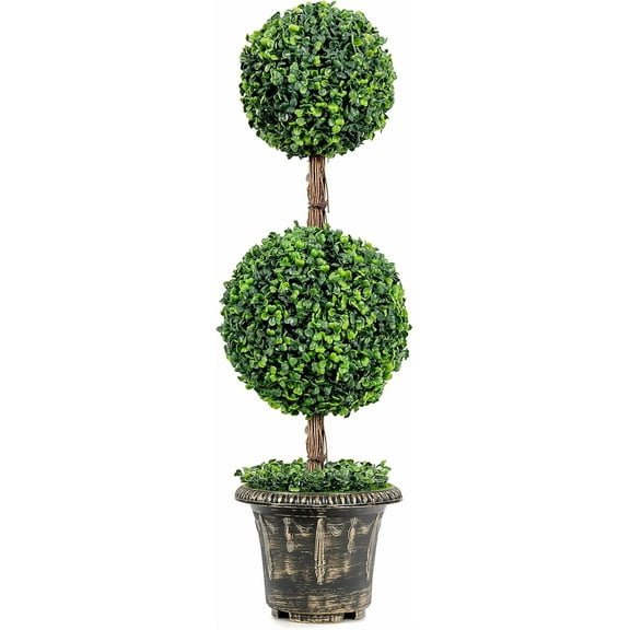 3ft Boxwood Topiary Tree Artificial Outdoor & Indoor, Weatherproof Faux Plant Ball Tree w/Cement-Filled Plastic Pot, Fake Shrub Plant for Front Porch Garden Home Office Wedding Backyard