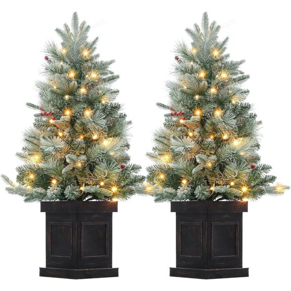 3ft Christmas Tree with Square Base, 78 LED Lights & Red Berry Ornaments, Easy Installation Holiday Decor, 2-Piece Set
