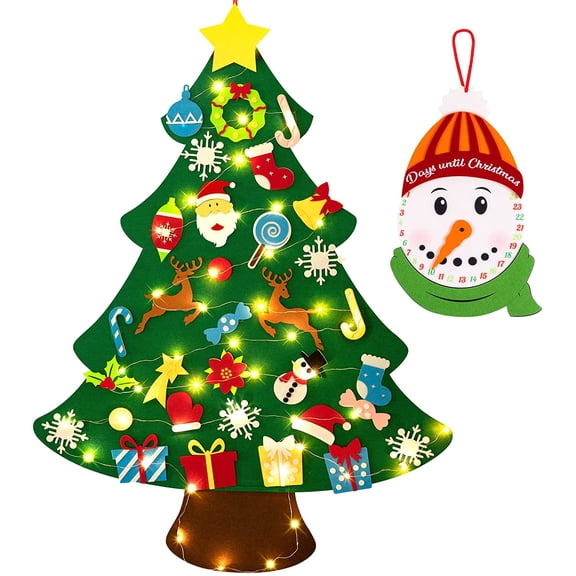 3ft DIY Felt Christmas Tree for Toddlers, Set Plus Snowman Advent Calendar with 33 Removable Ornaments, Wall Hanging Xmas Gift for Kids with String Lights (Batteries Not Included)