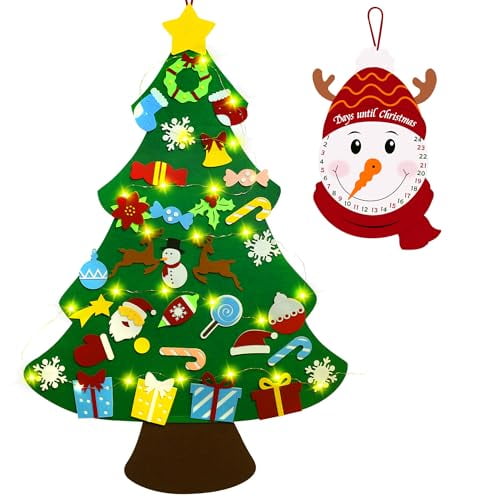 3ft DIY Felt Christmas Tree for Toddlers,Set Plus Snowman Advent Calendar with 33 Removable Ornaments,Wall Hanging Xmas Gift for Kids with String Lights (Batteries Not Included)