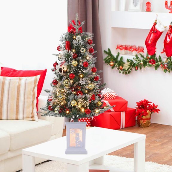3ft Faux Fiber Optic Light Flocked Christmas Tree - 78 Warm White LED Lights, 8 Modes, Snowman Light Box