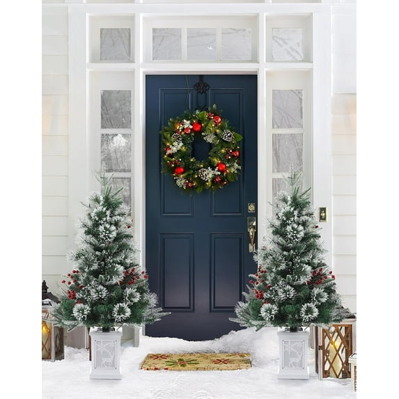 3ft Fiber Optic Artificial Christmas Tree with 78 Warm White Led Lights, Pre-Lit Christmas Tree with Snowflakes and Red Berries, 8 Lighting Modes Tabletop Small Xmas Tree with White Elk Base,2pcs