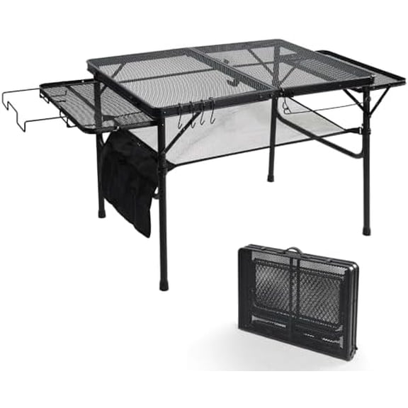 3ft Folding Camping Table with Wing Panels, Adjustable Height Metal Grill Prep Table with Storage Net, Paper Towel Holder, Hooks, Trash Bag Rack for BBQ, RV, Picnic, Portable Grill