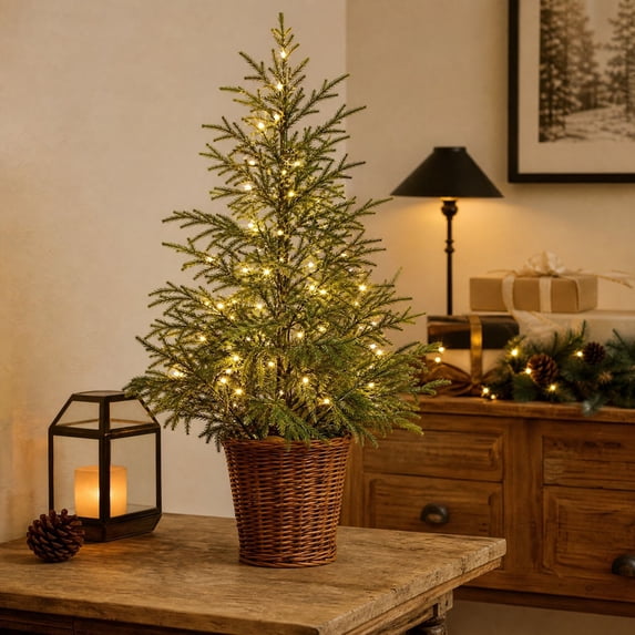 3ft Green Pre-lit Norfolk Pine Potted Christmas Tree, Real Touch ...