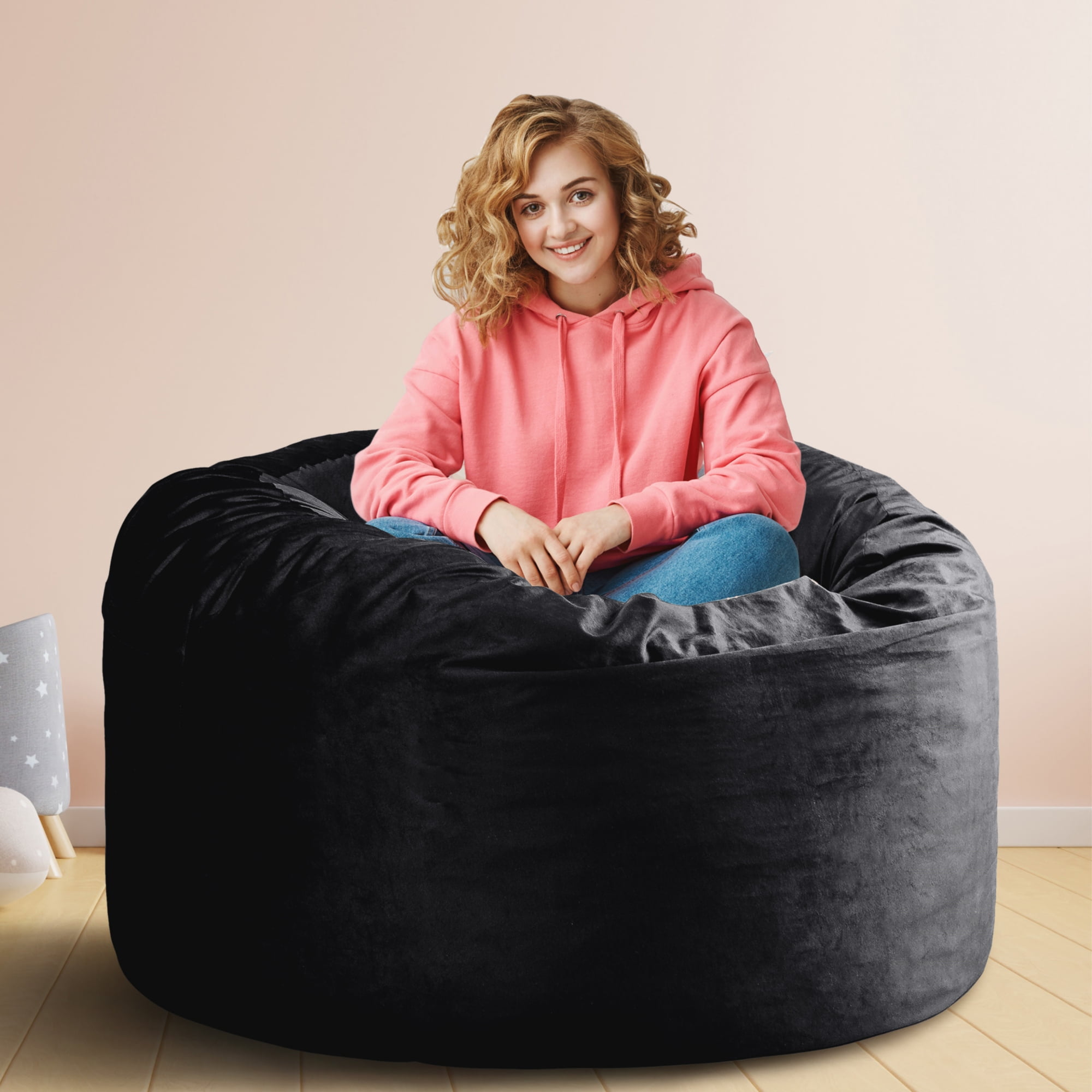 3ft Memory Foam Bean Bag Chair for Adults Kids by KINMEROOM Reinforced Dutch Velvet Cover Black Walmart