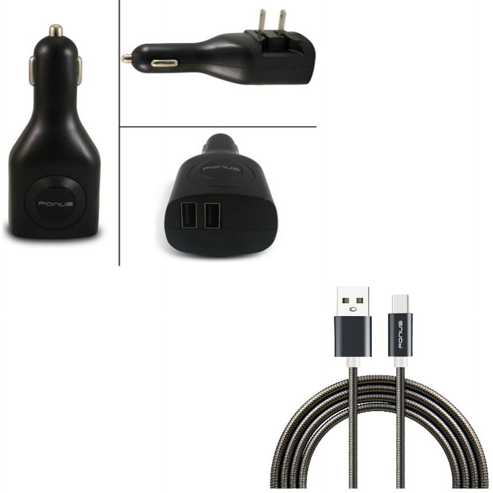 3ft Metal USB Cable w 2-Port USB Car Home Charger N1E for Microsoft Surface Go (10"), Lumia 950 - Motorola One, Moto Z4 Z3 Play Z2 Play Z Play Droid Force Droid X4 G7 Power Play G6 - Nokia 3.1