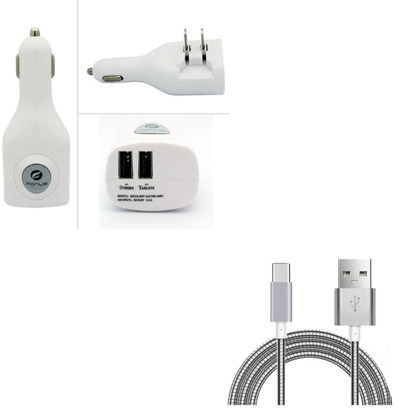3ft Metal USB Cable w 2-Port USB Car Home Charger Y1Z for LG G7 ThinQ, Stylo 4 - Motorola One, Moto Z4 Z3 Play Z2 Play Z Play Droid Force Droid X4 G7 Power Play G6 - Nokia 8, 7.1, 3.1 Plus