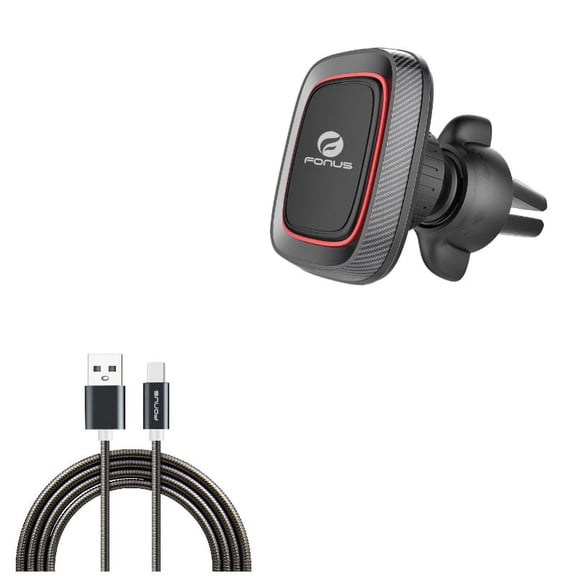 3ft Metal USB Cable w Magnetic Car Mount for OnePlus 9, Nord N200 5G/N100/N10 5G, Pro Phone - Type-C Charger Cord Power, Air Vent Holder Swivel Dock W4K for OnePlus 9, Nord N200 5G/N100/N10 5G, Pro