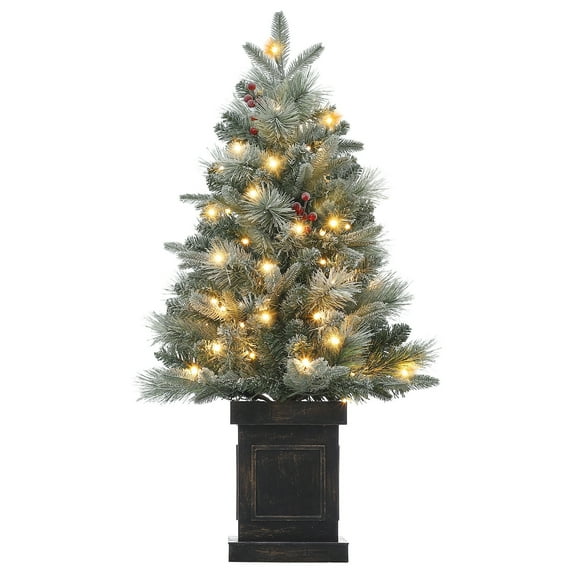 3ft Mini Prelit Premium Snow Flocked Artificial Christmas Tree, Pre-lit Xmas Pine Tree for Christmas Decoration, Party Decoration, Home, Office, Brown Base