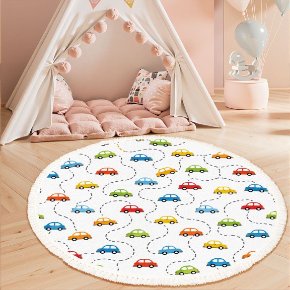 3ft Nursery Rug, Colorful Cartoon Cars Dotted Paths White Washable Playroom Educational & Fun with Cars and Toys Non-Slip Children Rugs for Kids Classroom Decor