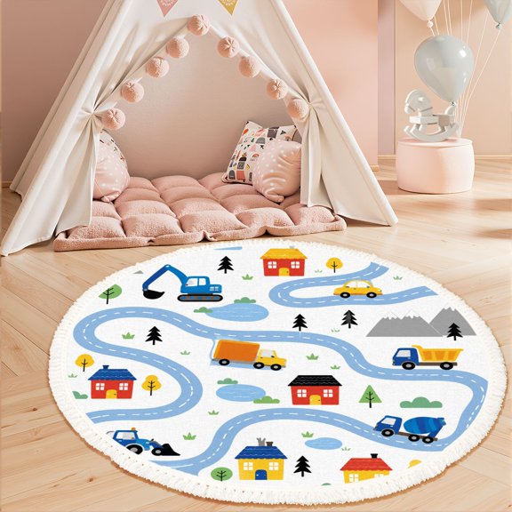 3ft Nursery Rug, Colorful Cartoon Road Map Cars Trucks Houses Mountains Washable Playroom Educational & Fun with Cars and Toys Non-Slip Children Rugs for Kids Classroom Decor