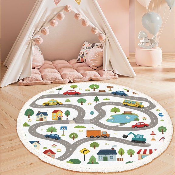 3ft Nursery Rug, Colorful Illustrated Map Roads Vehicles Village Scene Washable Playroom Educational & Fun with Cars and Toys Non-Slip Children Rugs for Kids Classroom Decor