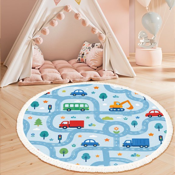 3ft Nursery Rug, Colorful Kids Road Map Cars Trucks Construction Vehicles Blue Washable Playroom Educational & Fun with Cars and Toys Non-Slip Children Rugs for Kids Classroom Decor