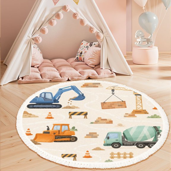 3ft Nursery Rug, Construction Vehicle Excavator Bulldozer Cement Truck Beige Washable Playroom Educational & Fun with Cars and Toys Non-Slip Children Rugs for Kids Classroom Decor