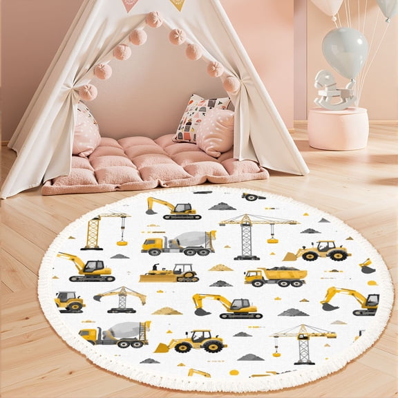 3ft Nursery Rug, Construction Vehicle Excavators Cranes Dump Trucks White Washable Playroom Educational & Fun with Cars and Toys Non-Slip Children Rugs for Kids Classroom Decor