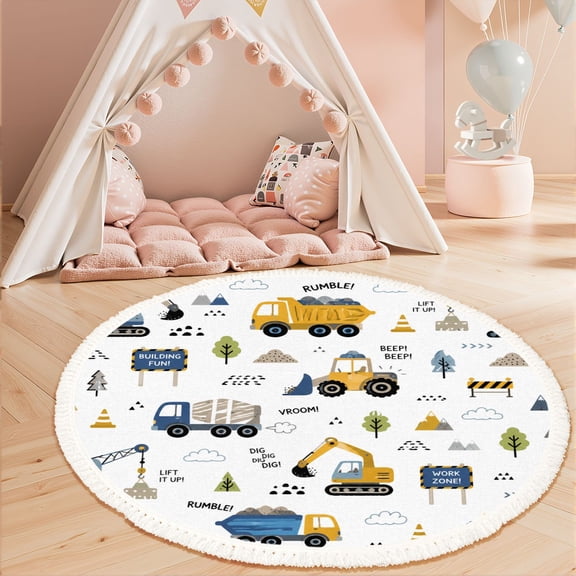 3ft Nursery Rug, Construction Vehicle Excavators Dump Trucks White Washable Playroom Educational & Fun with Cars and Toys Non-Slip Children Rugs for Kids Classroom Decor